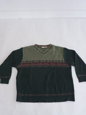 Vintage Classic Elements Green Fair Isle V Neck Lodge Holiday Ski Sweater 2X